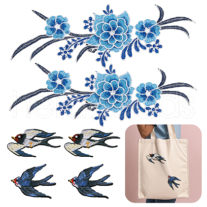 WADORN 6Pcs 4 Style Swallow & Flower Computerized Embroidery Iron on/Sew on Patches PATC-WR0001-02-1