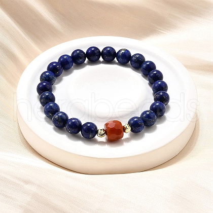 Natural Lapis Lazuli Round Beads & South Red Agate Bead Stretch Bracelets BJEW-Z101-01-1