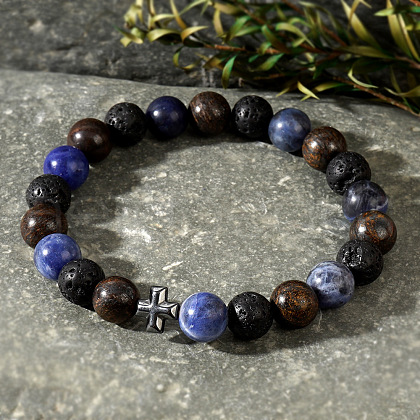 Natural Lava Rock & Lapis Lazuli Round Beads Stretch Bracelets WS9904-2-1