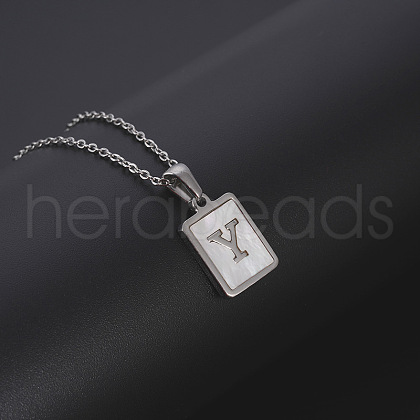 Rectangle Stainless Steel Pave Natural White Shell Pendant Necklaces FS-WG3D812-25-1