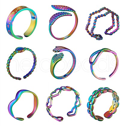 9Pcs 9 Style 304 Stainless Steel Hand & Infinite & Heart & Moon Cuff Rings RJEW-SZ0001-19-1
