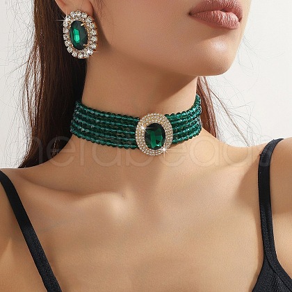 Oval Brass & Glass & Plastic Pearl Beaded Chain Collar & Stud Earrings Sets FS-WG5CD09-06-1