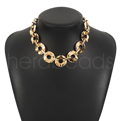 Iron & Alloy Flat Round Link Chain Necklaces for Women NJEW-U046-04G-1