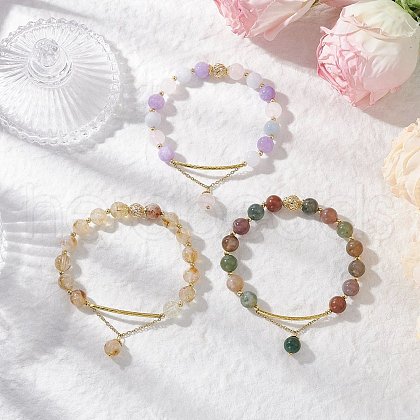 3Pcs Natural Indian Agate & Citrine & Aquamarine & Rose Quartz & Amethyst Round Beaded Bracelets BJEW-JB11925-1
