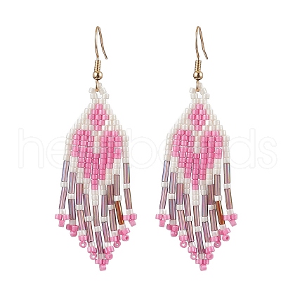 Heart Glass Seed Beaded Tassel Dangle Earrings for Women EJEW-MZ00201-02-1