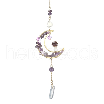Wire Wrapped Natural Amethyst Chips & Brass Moon Pendant Decorations HJEW-TA00103-01-1