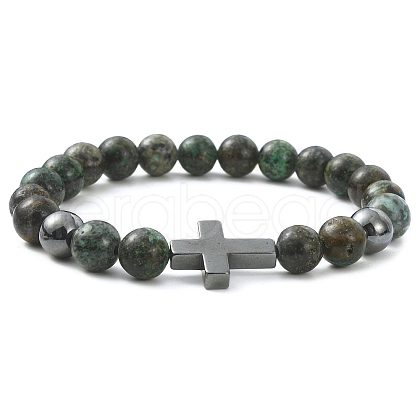 Natural African Turquoise(Jasper) & Synthetic Hematite Corss Beaded Stretch Bracelets BJEW-JB09845-01-1