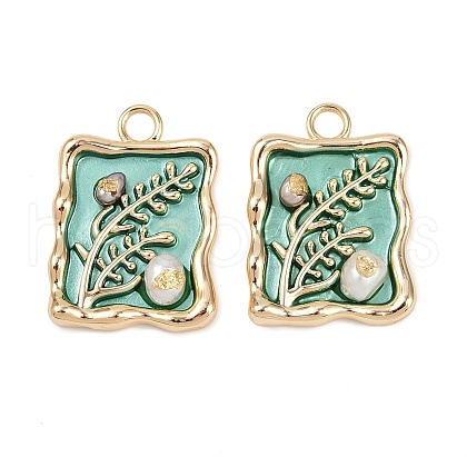 Brass Enamel & Natural Pearl Rectangle with Flower Pendants KK-K351-51G-04-1