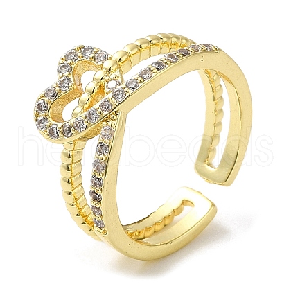 Heart Brass Micro Pave Cubic Zirconia Open Cuff Ring for Women RJEW-F154-03G-B-1