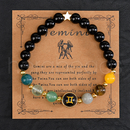 12 Zodiac Sign Natural Black Obsidian Round Beads Stretch Bracelets for Men Women WG228FC-04-1