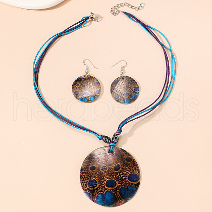 Boho Printed Natural Shell Graffiti Flat Round Pendant Earrings & Necklaces Set FS-WG2A623-03-1