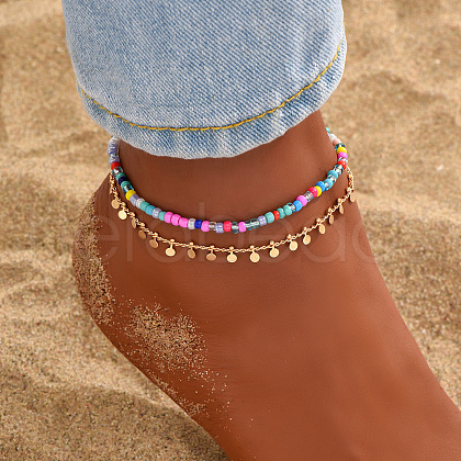 Bohemian Glass Seed Beaded Double Layer Stretch Anklets WGF45A4-04-1