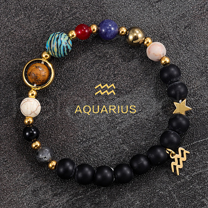 12 Zodiac Sign Natural Black Obsidian Round Beads & Synthetic Mixed Gemstone Beads Charm Bracelets for Men Women WG666A9-01-1
