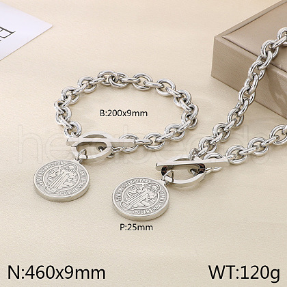 Flat Round 304 Stainless Steel Pendant Necklace & Charm Bracelet FS-WG2A73C-01-1