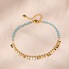 Bohemian Natural Dyed Stone Imitation Aquamarine Faceted Round & Brass Disc Tassel Anklets AJEW-Z046-07G-1