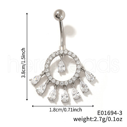 Brass Full Crystal Rhinestone Shiny Hollow Ring Tassel Curved Barbell Belly Button Rings CT4144-3-1