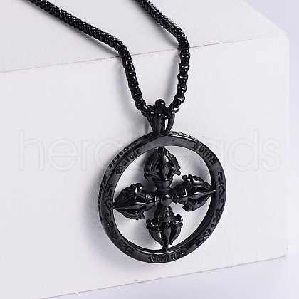 Cool Punk Style Stainless Steel Cross Round Ring Dorje Vajra Pendant Necklaces Jewelry FU6625-3-1