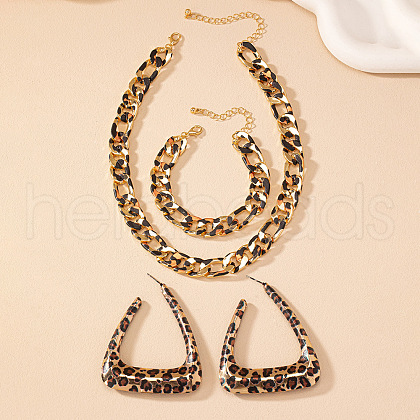 Leopard Print Alloy Oval Link Chain Necklaces & Bracelets & Triangle Stud Earring Sets FS-WG20E63-01-1