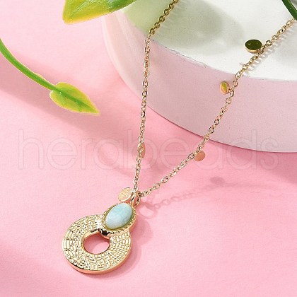 304 Stainless Steel & Oval Natural Flower Amazonite Donut Pendant Necklaces for Women NJEW-A045-02G-1