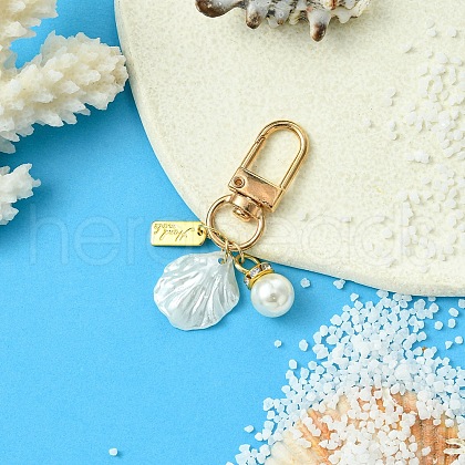 Shell Shape Alloy & ABS Plastic Imitation Pearl Pendant Decoration HJEW-YW00027-03-1