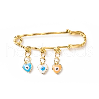 Rack Plating Brass Enamel Heart with Evil Eye Charms Safety Pin Brooch JEWB-BR00090-1