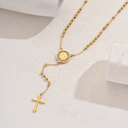 Stainless Steel Crystal Rhinestone Relief Portrait Saint Pendant Tassel Cross Rosary Bead Necklaces for Women EU5525-2-1