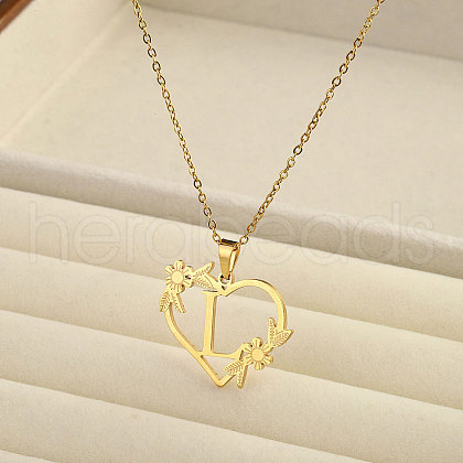 201 Stainless Steel Flower Heart Initial Pendant Necklaces for Women FS-WG08285-05-1