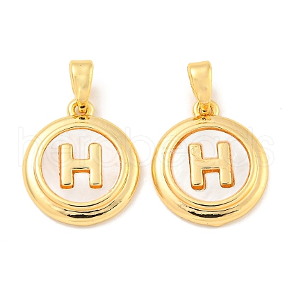 Natural Shell & Brass Flat Round with Letter H Charms with Snap on Bails KK-P275-07G-1