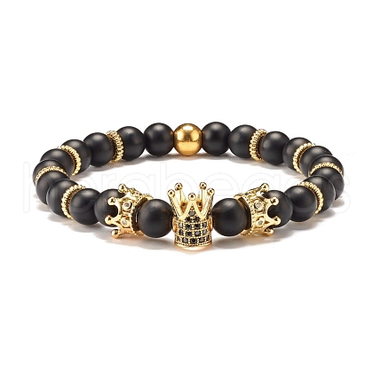 Round Synthetic Black Stone Beaded Stretch Bracelet with Crown for Women BJEW-JB07530-03-1