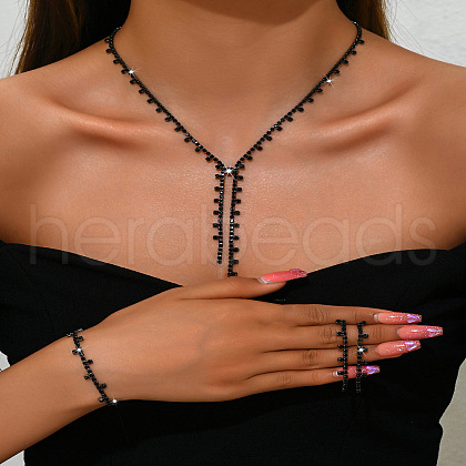 Alloy Rhinestone Tassel Pendant Necklace & Stud Earring & Ring FS-WG7E587-03-1