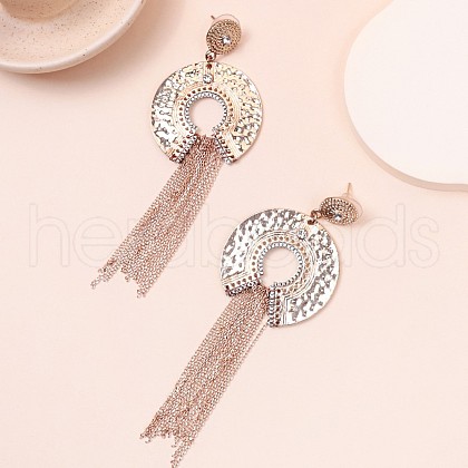 Flat Round with Chain Charm Brass Rhinestone Tassel Stud Earrings EJEW-U058-01G-1
