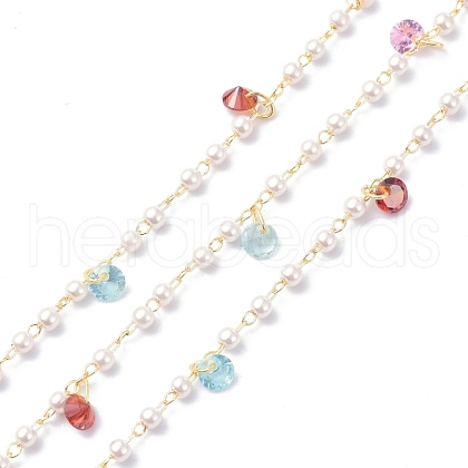 Brass & ABS Imitation Pearl & Cubic Zirconia Beaded Chain CHC-D029-28G-1