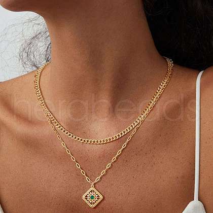 2Pcs Brass Green Cubic Zirconia Pendant Double Layer Necklaces FS-WG0C34D-02-1