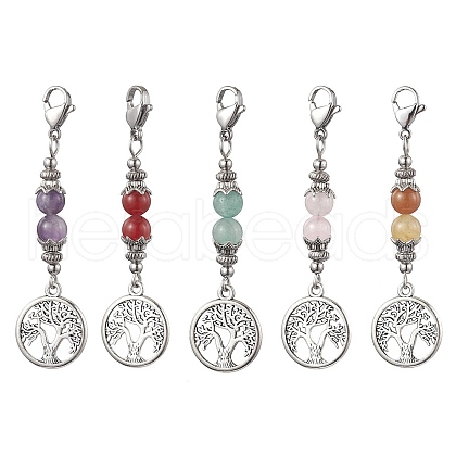 Alloy Tree of Life & Round Natural Gemstone Pendant Decoration HJEW-JM02021-S-1