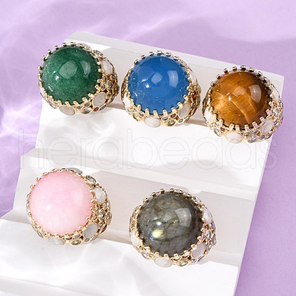 Half Round Natural Gemstone Cubic Zirconia Cuff Rings RJEW-M076-01G-1