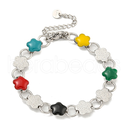 304 Stainless Steel Enamel Flower Link Chain Bracelets with Glitter Powder BJEW-S153-05P-02-1