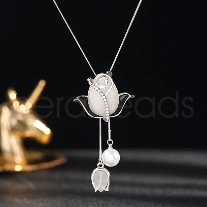 Flower Alloy Crystal Rhinestone & Plastic Pearl Long Tassel Y Necklaces for Women FS-WG6712B-03-1