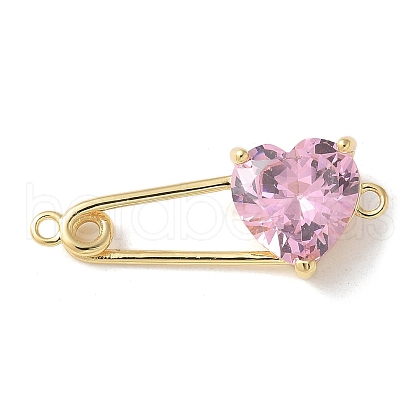 Brass Cubic Zirconia Heart Safety Pin Connector Charms KK-Q031-45G-03-1