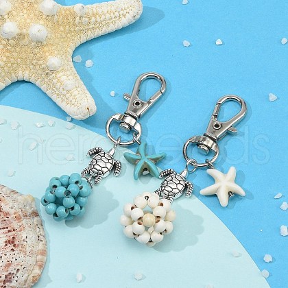 Starfish & Round Synthetic Turquoise Pendant Decorations HJEW-JM03276-1