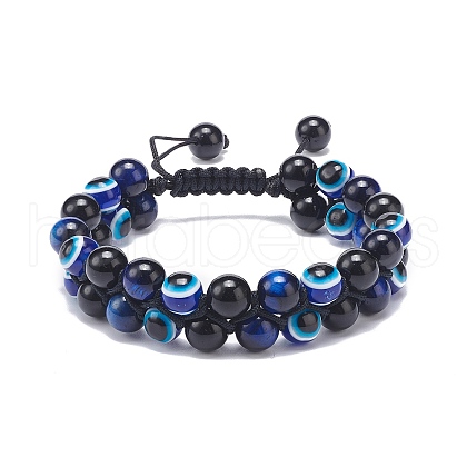Natural Blue Tiger Eye(Dyed & Heated) & Eyeless Obsidian & Resin Evil Eye Braided Bead Bracelet BJEW-JB08840-04-1