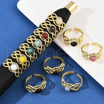 316 Stainless Steel with Natural Mixed Gemstone Cuff Rings RJEW-Z098-01G-08-1