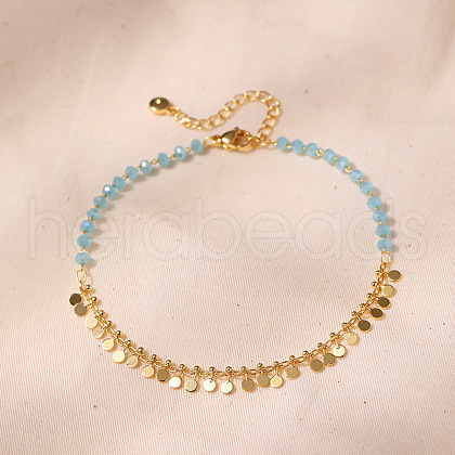 Bohemian Natural Dyed Stone Imitation Aquamarine Faceted Round & Brass Disc Tassel Anklets AJEW-Z046-07G-1