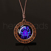 Flat Round with Twelve Constellations Blue Glass & Wood Pendant Waxed Leather Cord Necklace for Women Men WG486C3-04-1