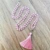 Natural Rose Quartz Mala Prayer Round Beaded Wrap Necklaces with Long Tassel and Metal Tree of Life FS-WG93CBE-02-1