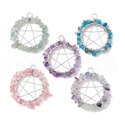 Mixed Gemstone Chips Copper Wire Wrapped Pendants PALLOY-JF02552-02-1