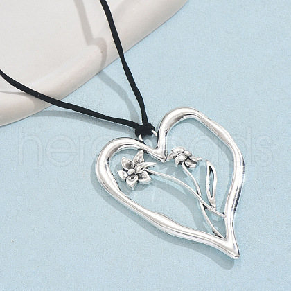 Birth Flower Heart Zinc Alloy Pendant Black Faux Suede Cord Necklaces for Women FS-WGA5BEC-03-1