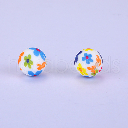 Printed Round with Flower Pattern Silicone Focal Beads SI-JX0056A-115-1