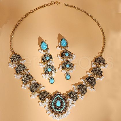 Teardrop Alloy & Plastic Pearl & Synthetic Turquoise Pendant Necklace & Stud Dangle Earring FS-WGB01EC-03-1