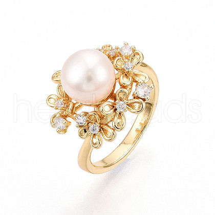 Flower Brass Micro Pave Clear Cubic Zirconia Cuff Ring RJEW-N049-02G-1