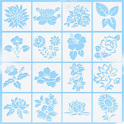 16Pcs 16 Patterns PET Plastic Hollow Out Drawing Painting Stencils Templates AJEW-WH0332-76-1